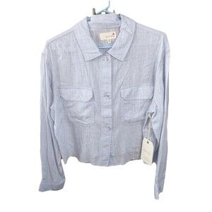 April Kiss Linen Blend Long Sleeve Crop Shirt Pockets Women Blue New M Raw Hem